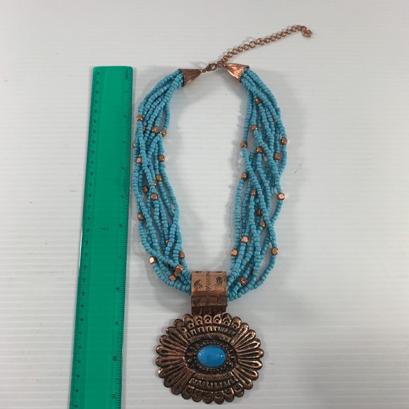 Turquoise Colored Necklace Multistrand Beaded Large Copper Colored Pendant 25" - Picture 4 of 14